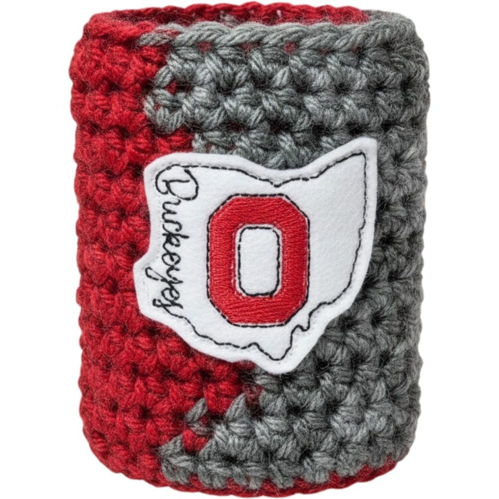 Handmade Ohio State Buckeyes Crochet Coffee Cup Cozy Sleeve Holder Red Grey NEW